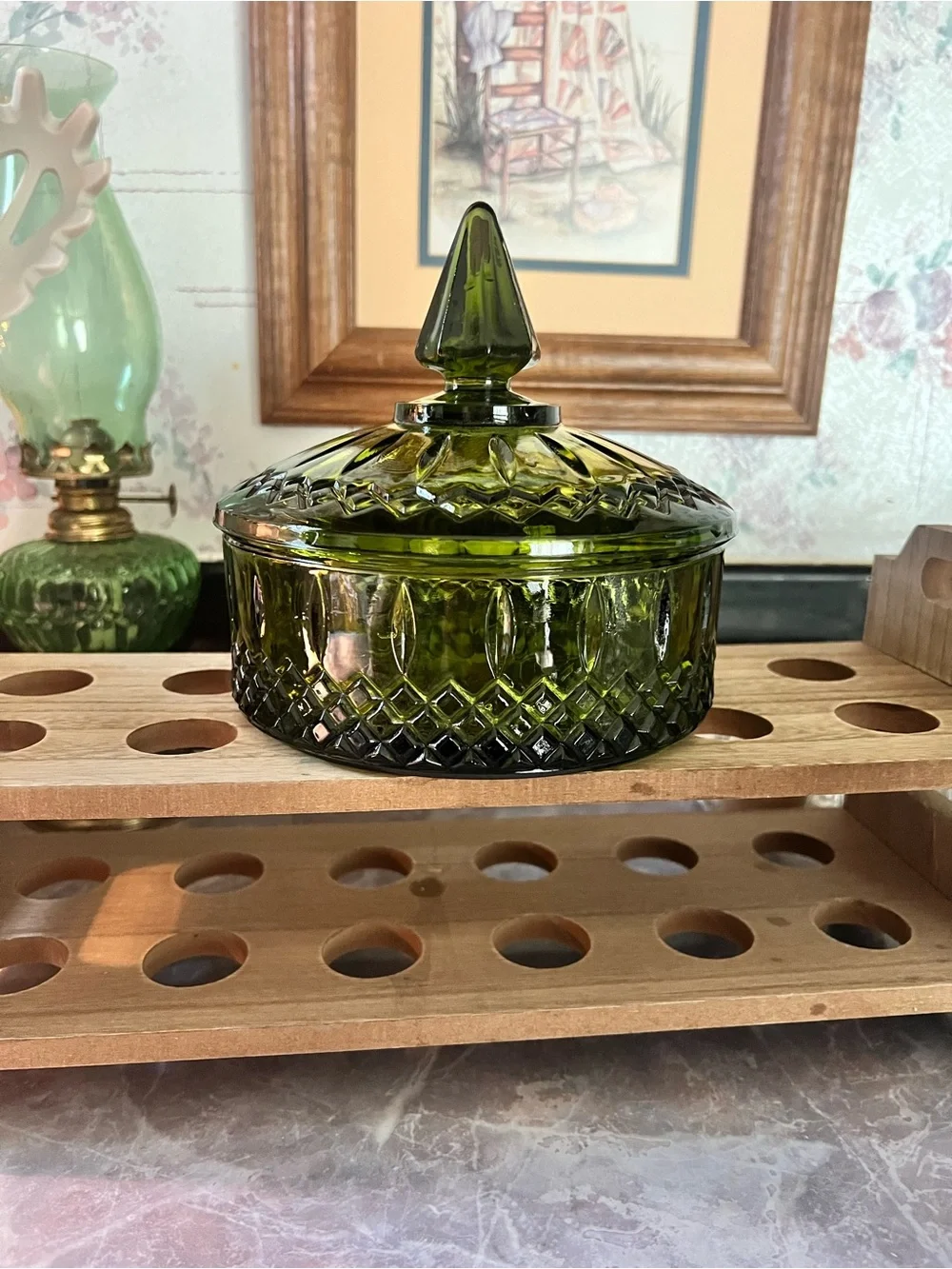Vintage Indiana Glass candy dish in the Princess pattern and avocado green